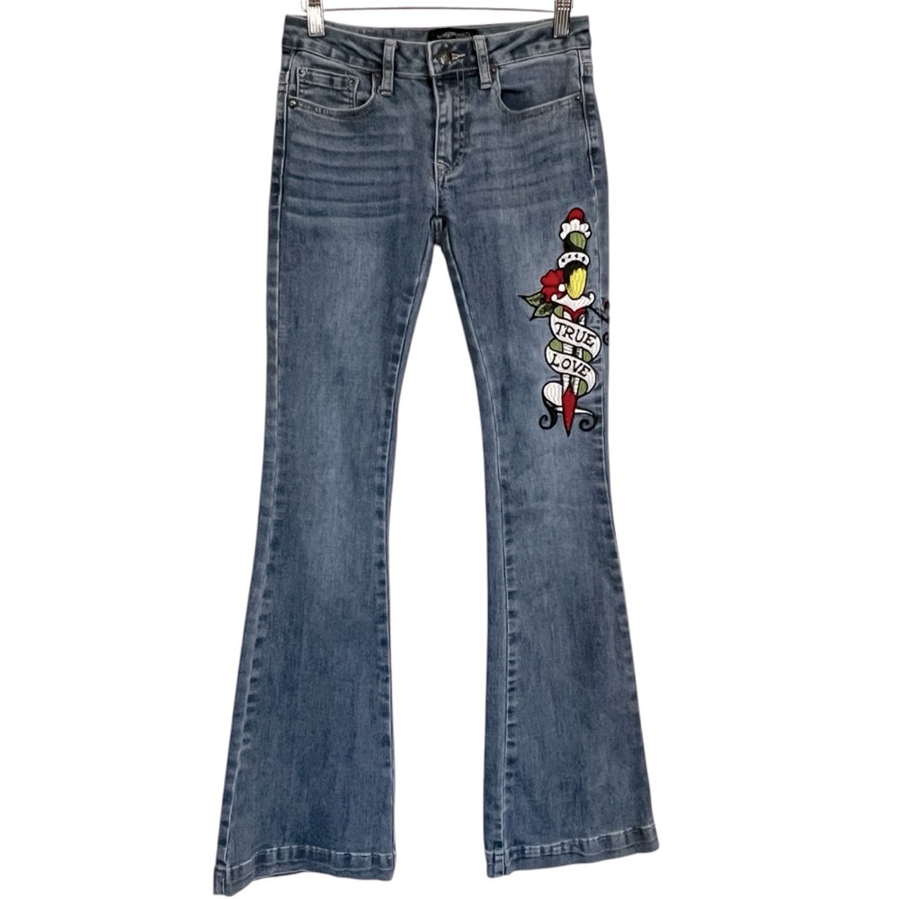 ED HARDY Y2K TRUE LOVE / LOVE ETERNAL WIDE LEG JEAN WOMEN’S SIZE 24 - Picture 1 of 15